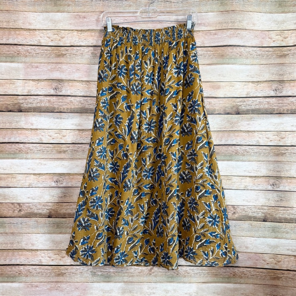 Natural Life Womens Mustard Yellow Blue Floral Lightweight Boho Maxi Skirt S/M